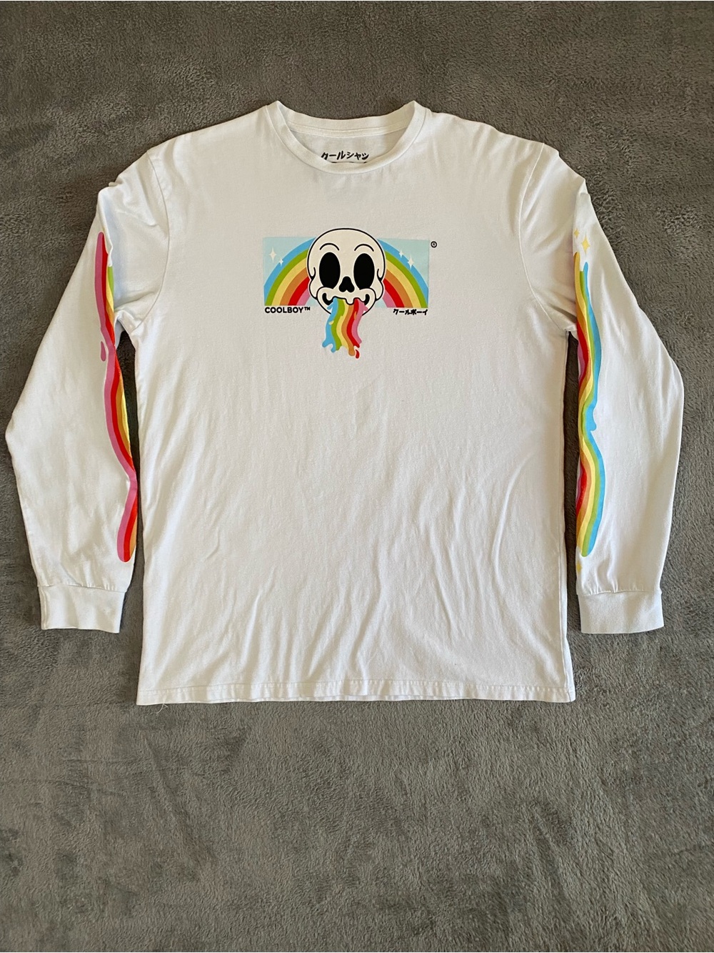 Cool Shirtz Skull Rainbow Stripes White Long-Sleeve Cotton T-Shirt XL Retrowave